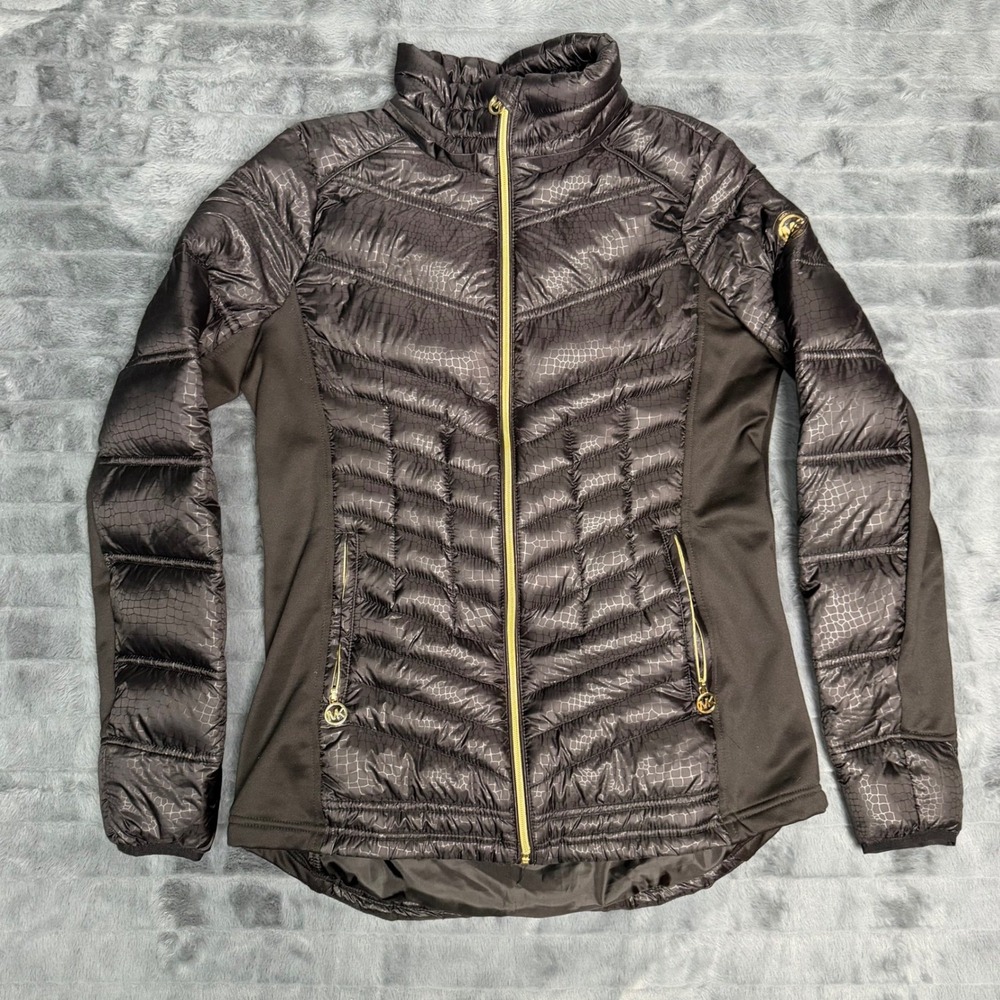 Michael Kors Womens Black Croc Embossed Down Puffer Jacket Gold Hardware Size M